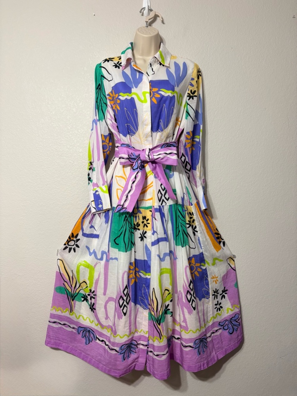 Chico’s Cotton Silk Abstract Floral Tiered Maxi Shirt Dress in Multi-Color‎ LS 6